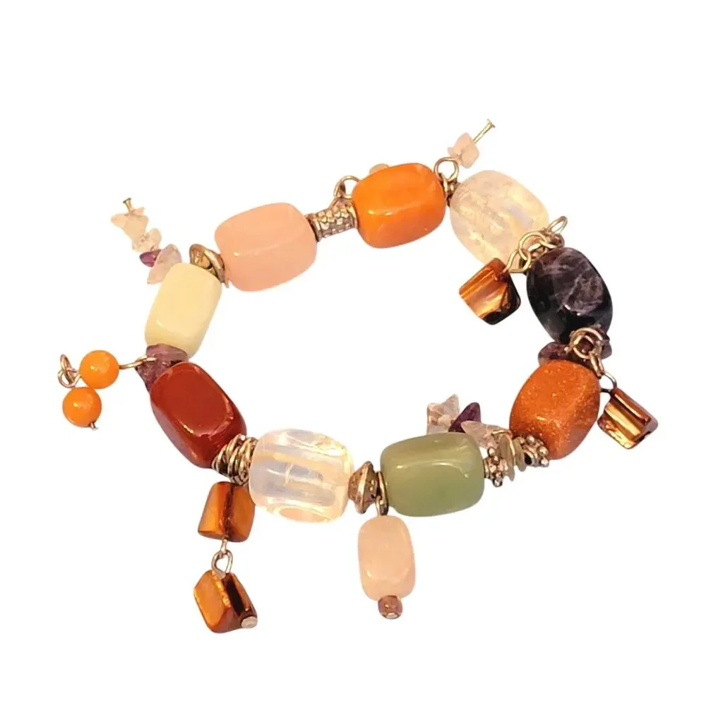 Vintage‎ Semi-Precious Gemstone & Agate Chunky Beaded Stretch Bracelet sbr-9